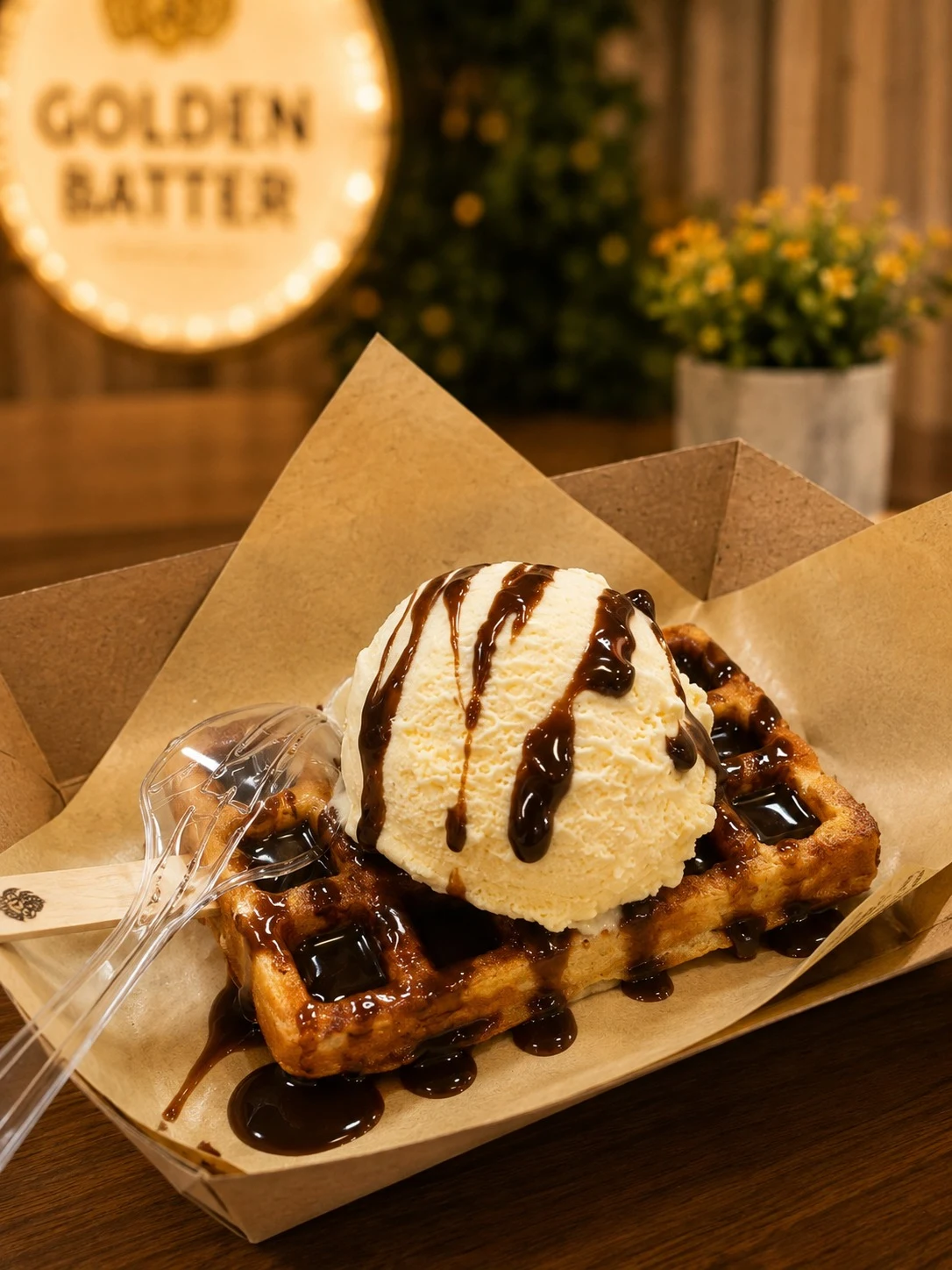 Waffle with vanilla ice cream and chocolate drizzle