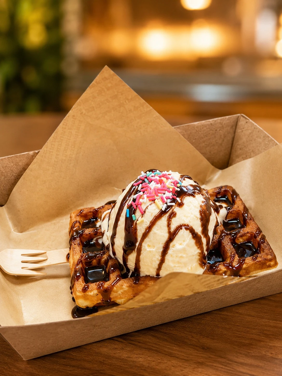 Golden square waffle topped with ice cream and chocolate